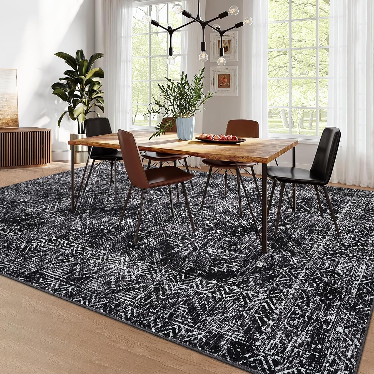 Black and white ethnic geometric pattern carpet