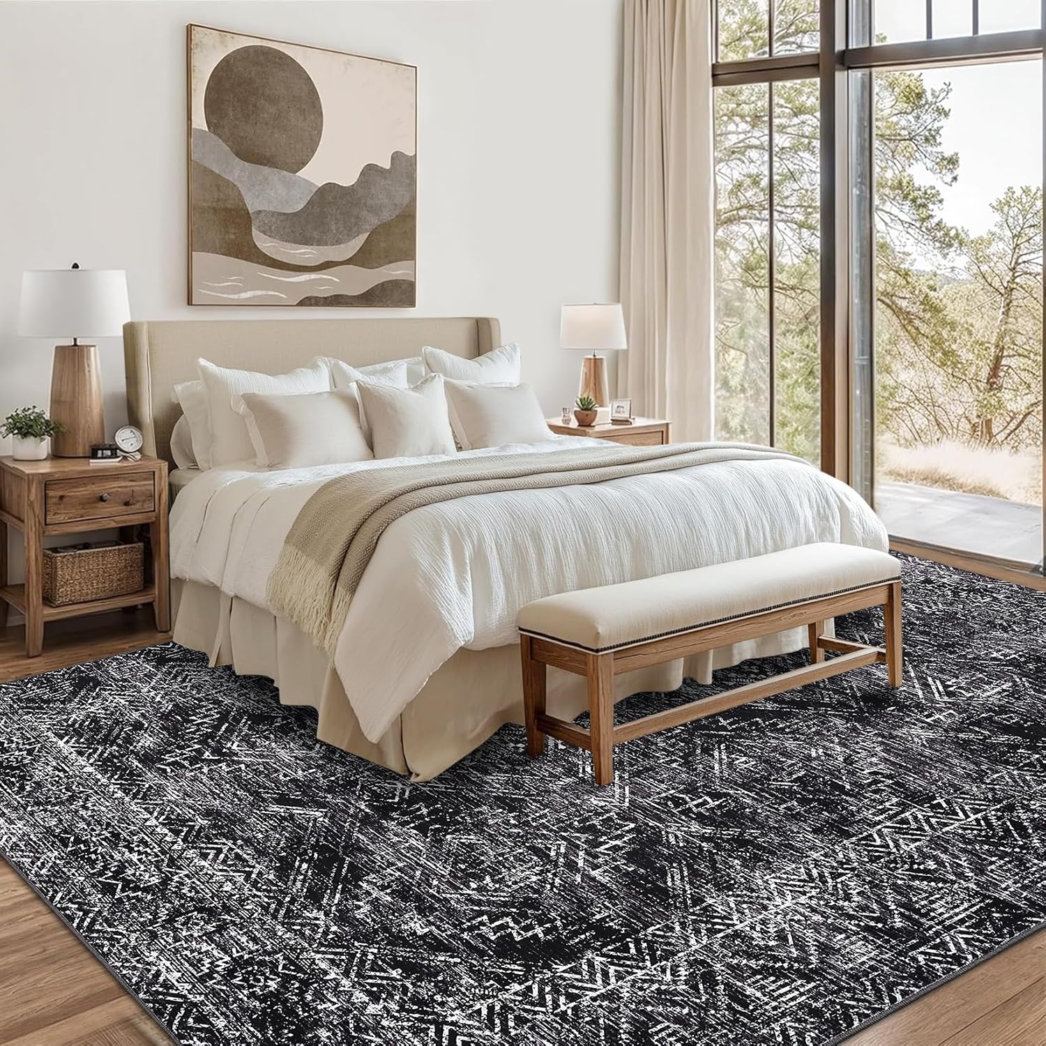 Black and white ethnic geometric pattern carpet