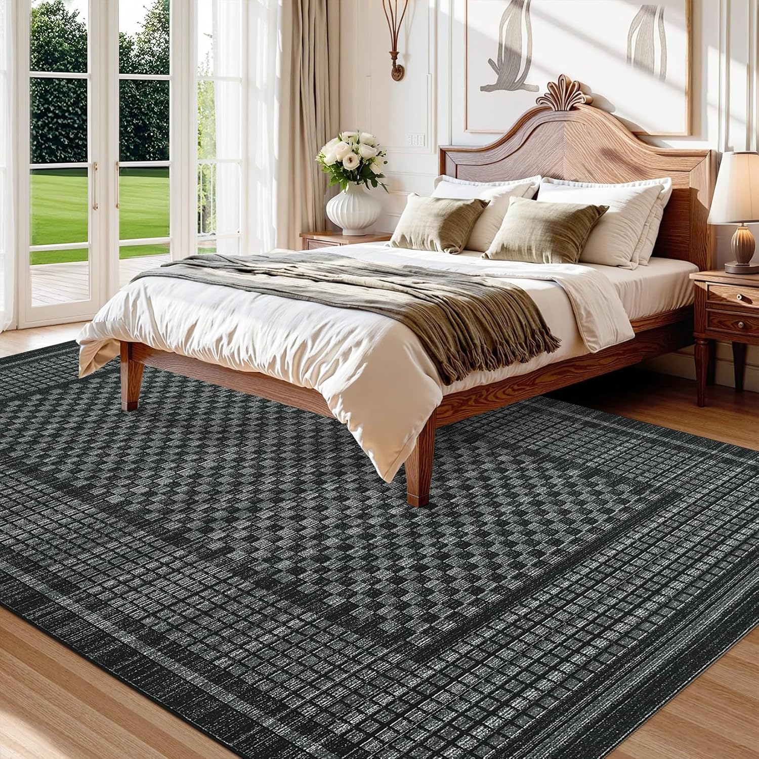 Dark grey background geometric pattern carpet