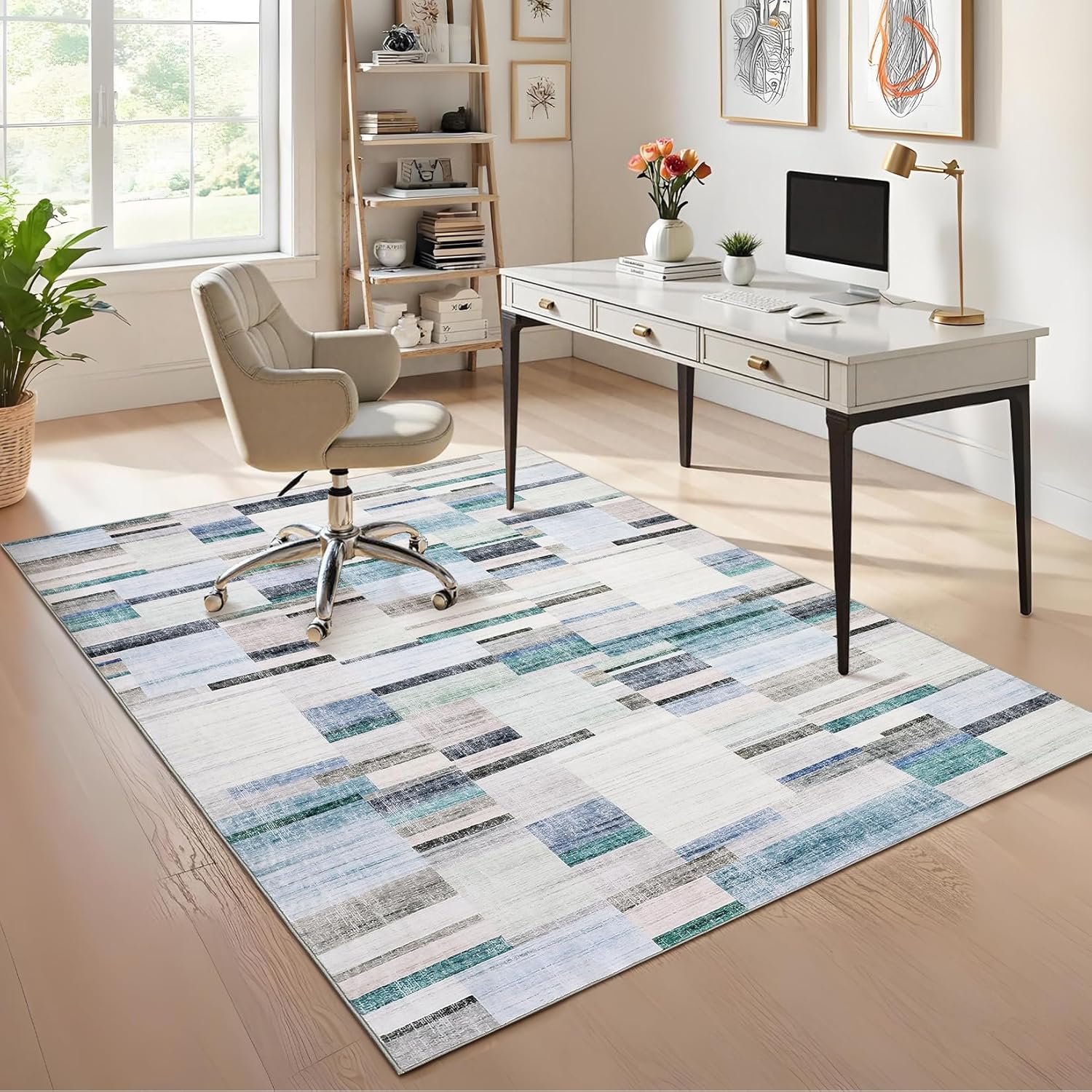 Blue and gray color-blocked striped carpet