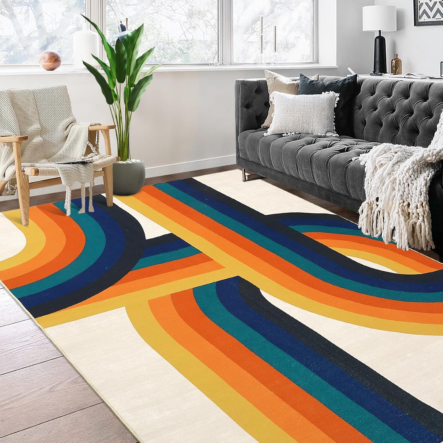 White carpet with rainbow lines