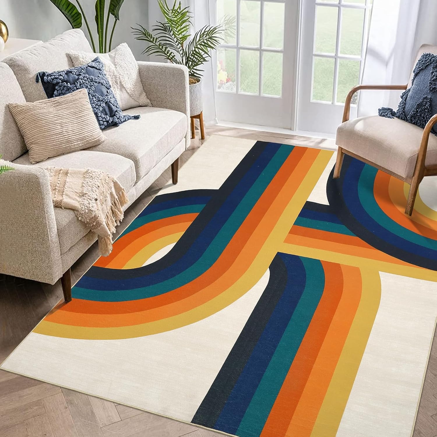White carpet with rainbow lines
