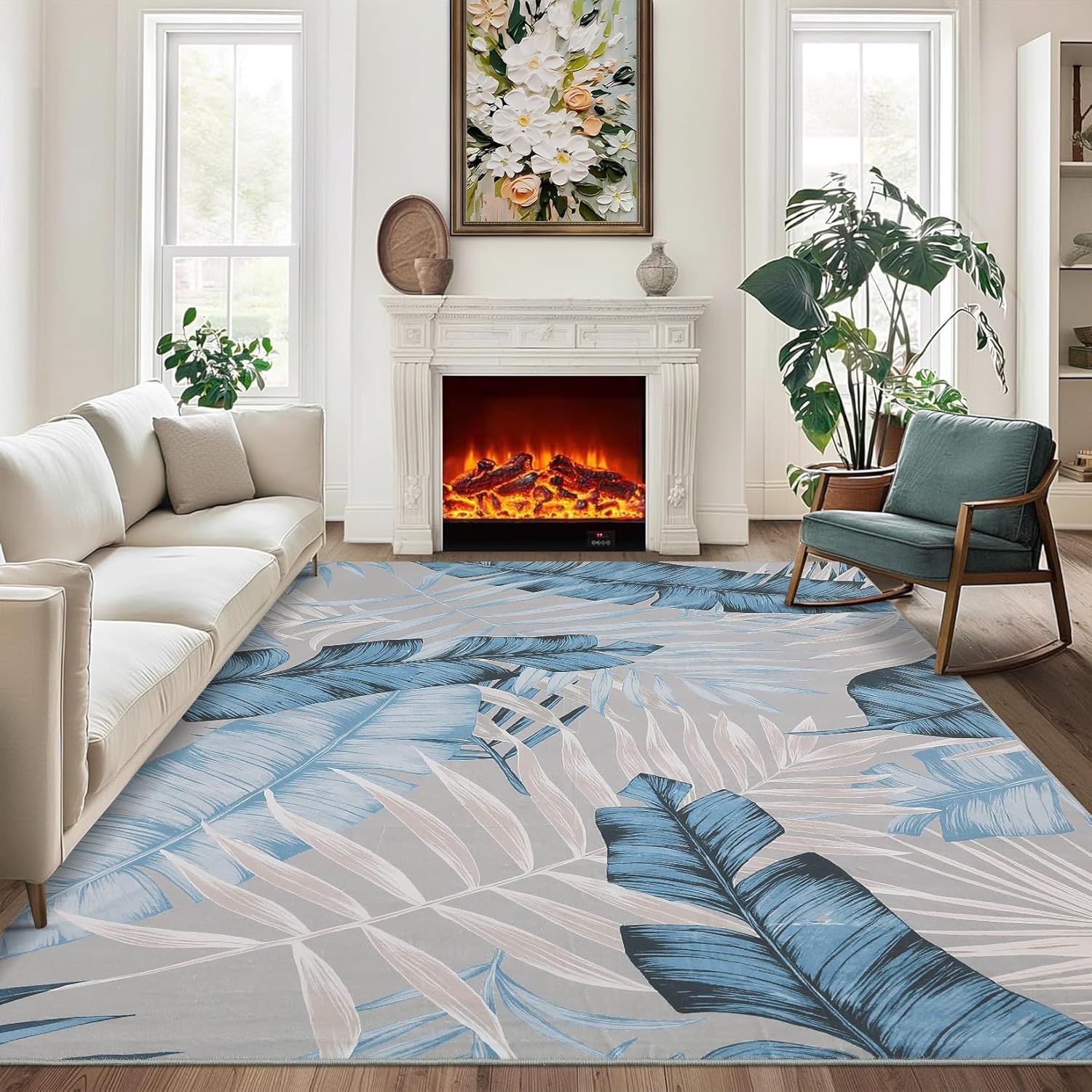 Blue and White Leaf Patterned Rug