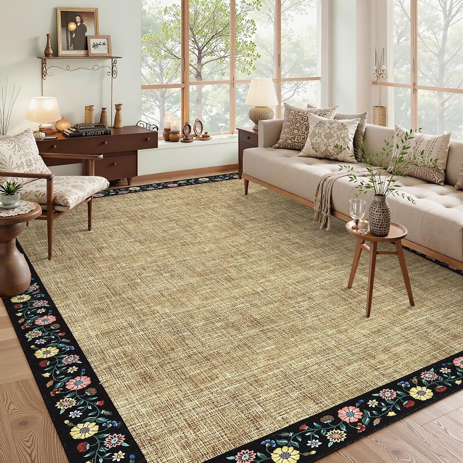 Patchwork rug with floral decorative border