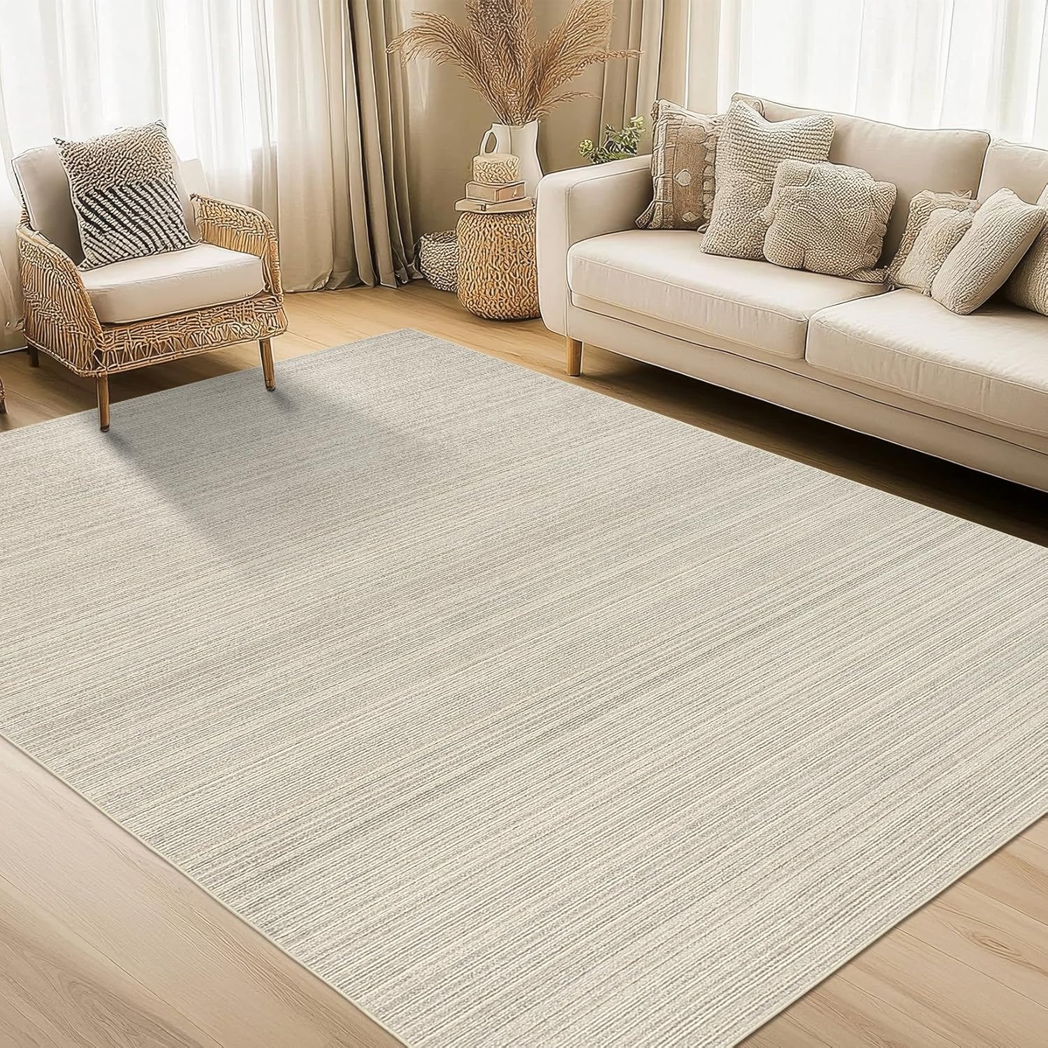 Simple light beige solid color woven carpet